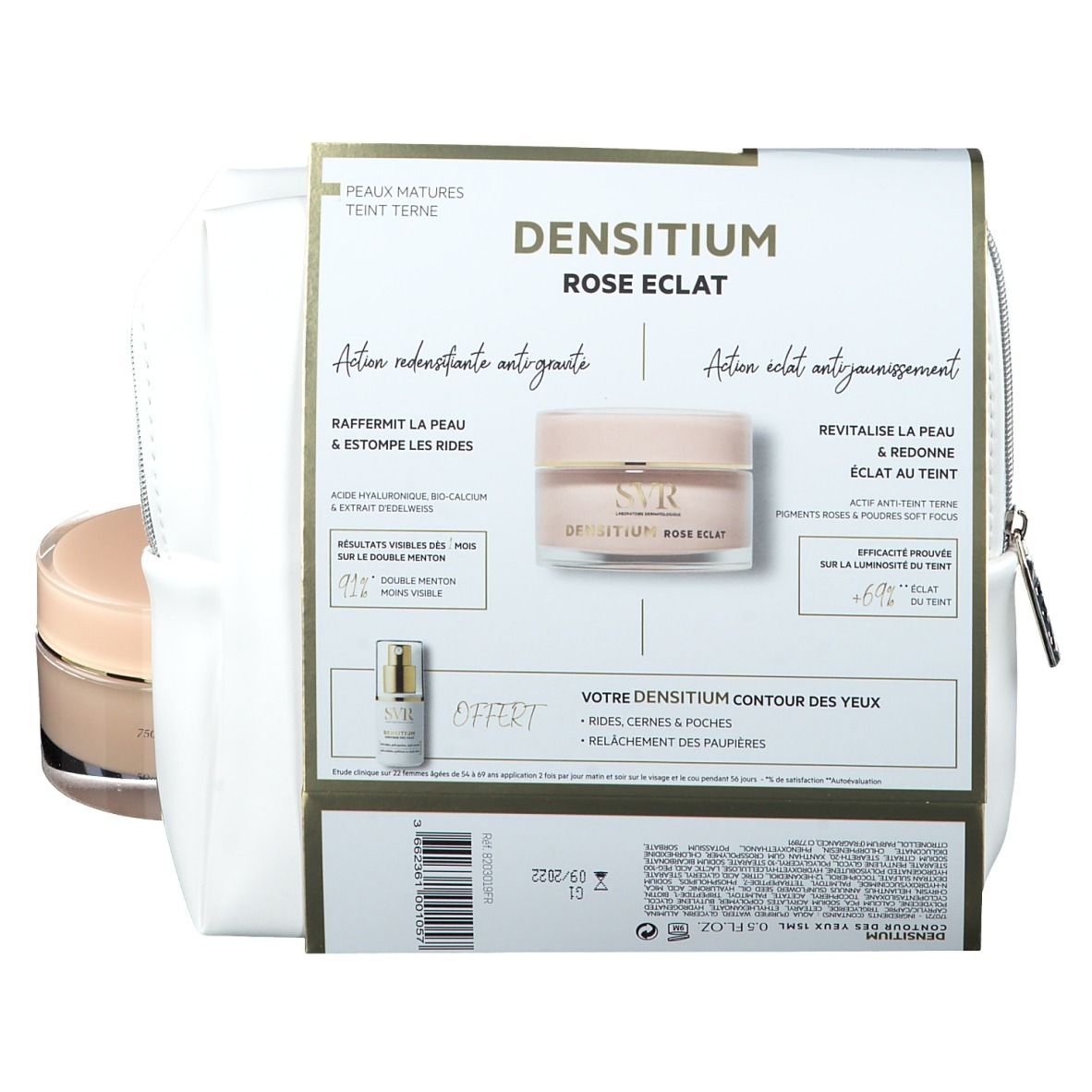Dos du coffret cadeau avec trousse blanche, crème et sérum. Texte : SVR Densitium Rose Eclat.