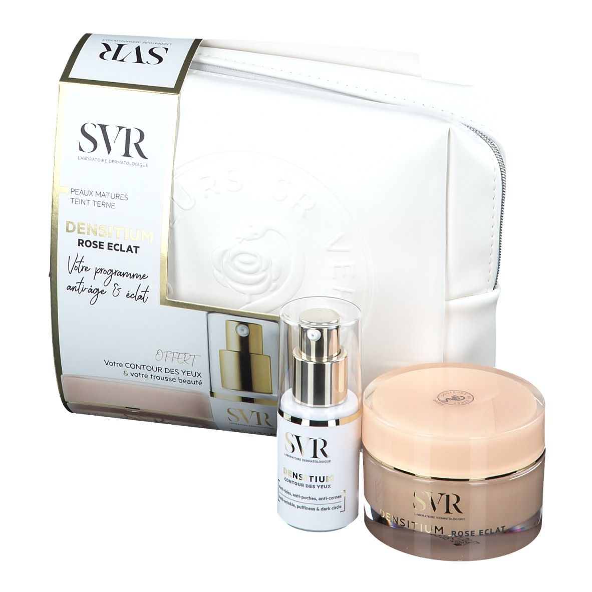 Coffret cadeau avec trousse blanche, crème et sérum. Inscription : SVR Densitium Rose Eclat.