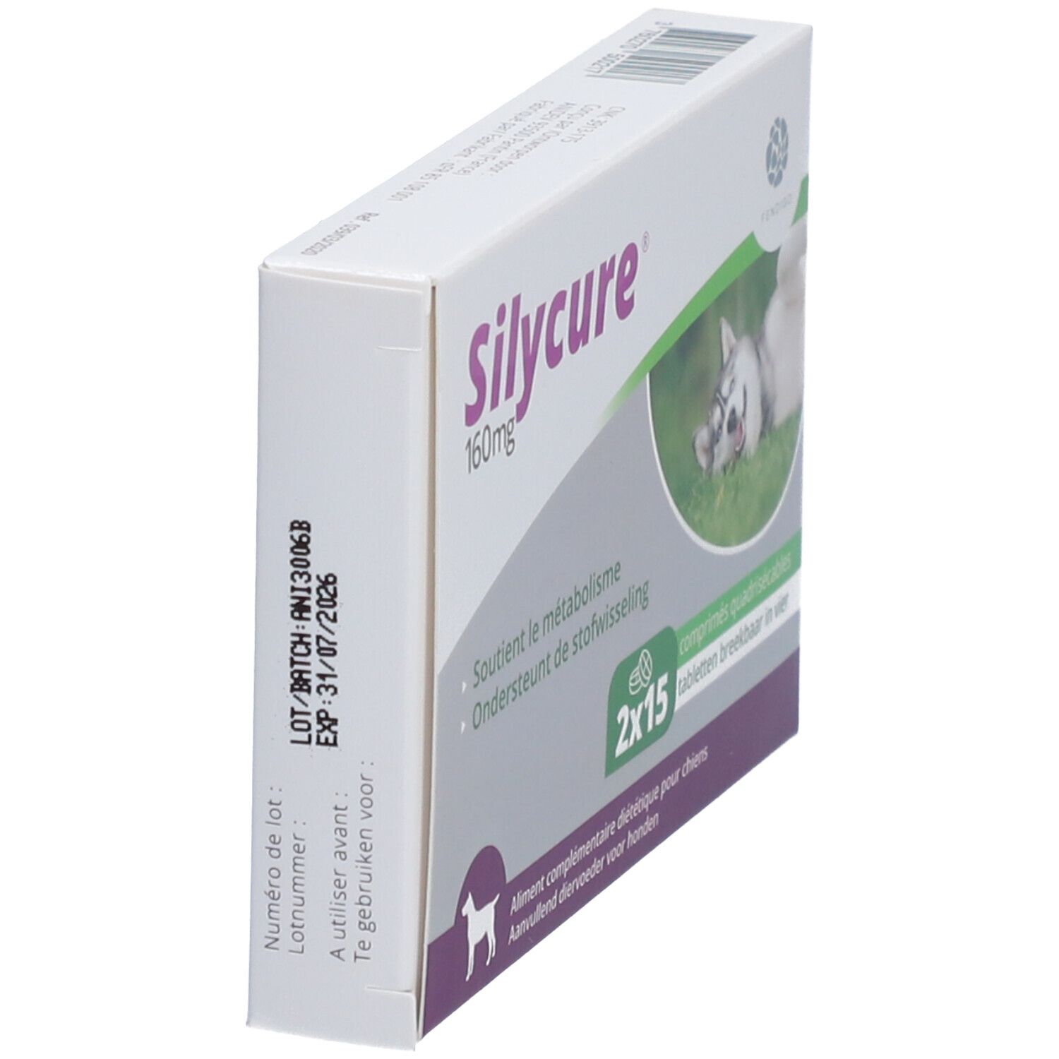 Zijaanzicht van de Silycure 160mg verpakking. Bevat informatie over de partij en de vervaldatum. Tekst in het Frans en Nederlands.