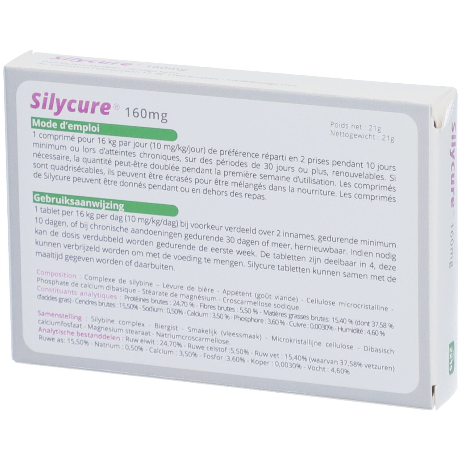 Achterkant van de Silycure 160mg verpakking. Bevat gebruiksaanwijzing en ingrediënten. Tekst in het Frans en Nederlands.