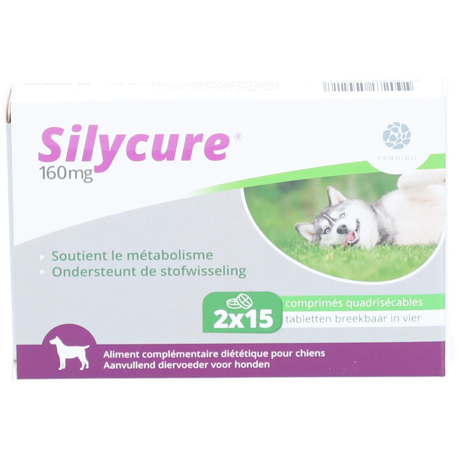 Verpakking van Silycure 160mg. Bevat 2x15 tabletten. Tekst in het Frans en Nederlands. Afbeelding van een hond.