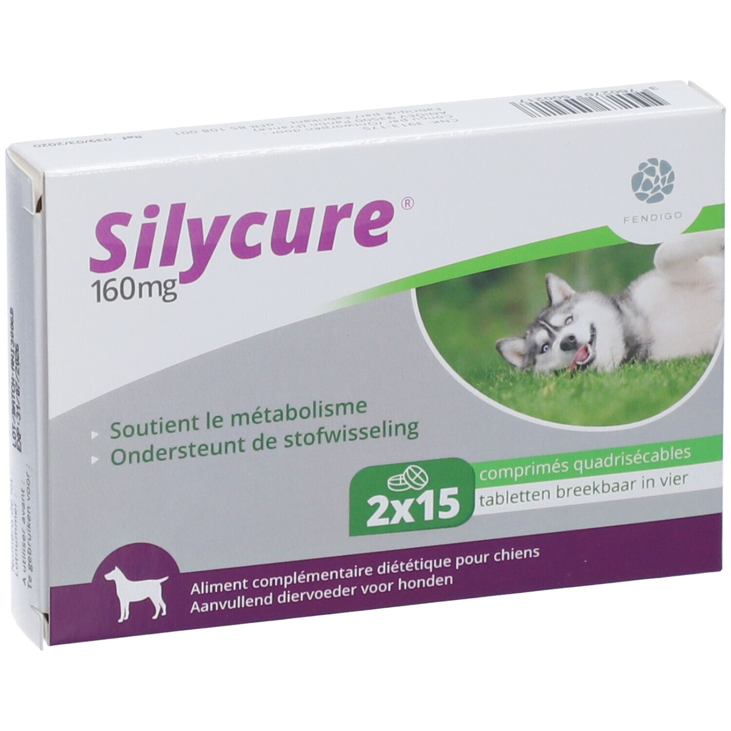 Verpakking van Silycure 160mg. Bevat 2x15 tabletten. Tekst in het Frans en Nederlands. Afbeelding van een hond.