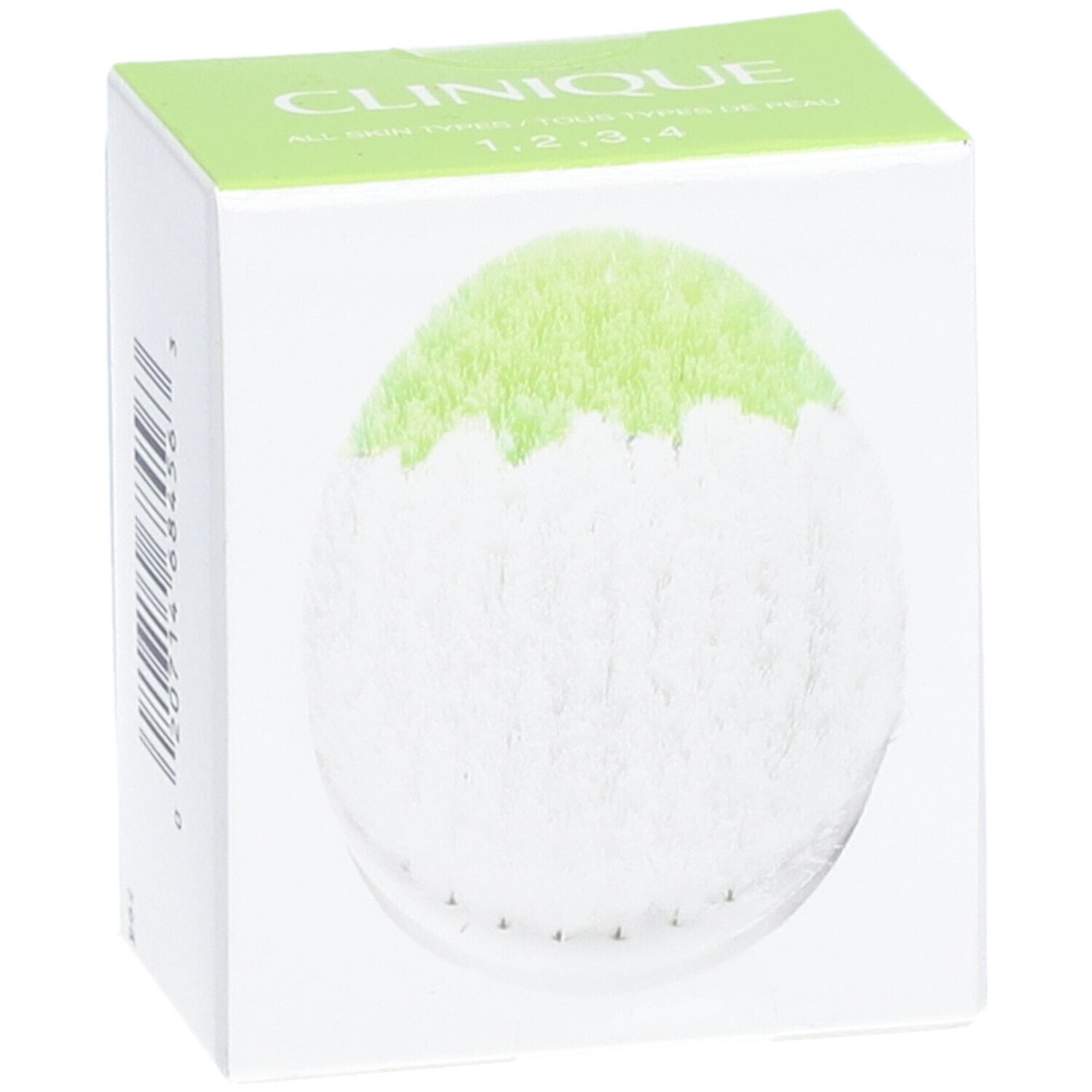 Verpackung mit rundem Bürstenkopf. Marke CLINIQUE. Grüner Deckel. Für Hauttypen 1, 2, 3, 4.