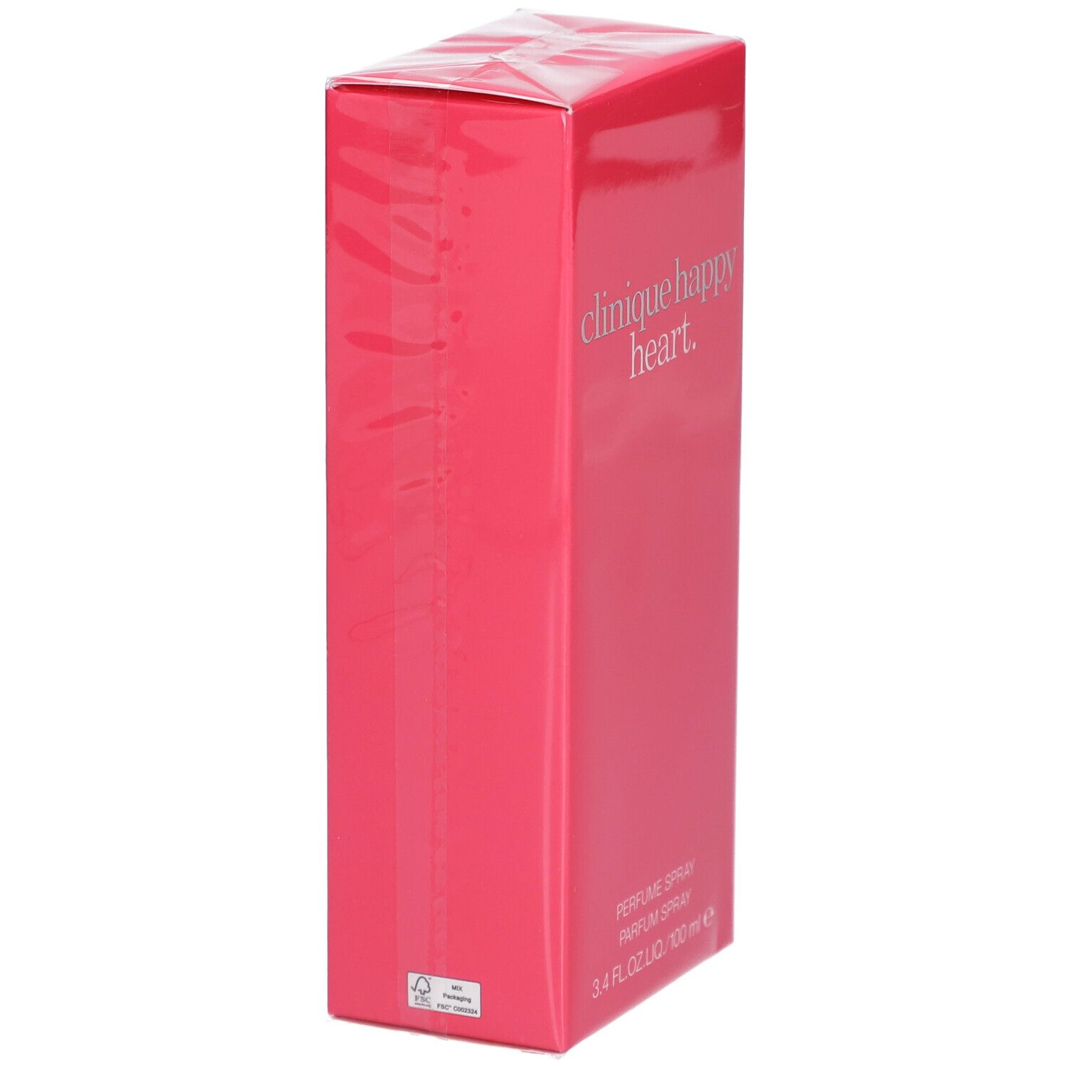 Rosa Verpackung mit Clinique Happy Heart. Parfum Spray, 3.4 FL.OZ.LIQ./100 ml. Seitenansicht.
