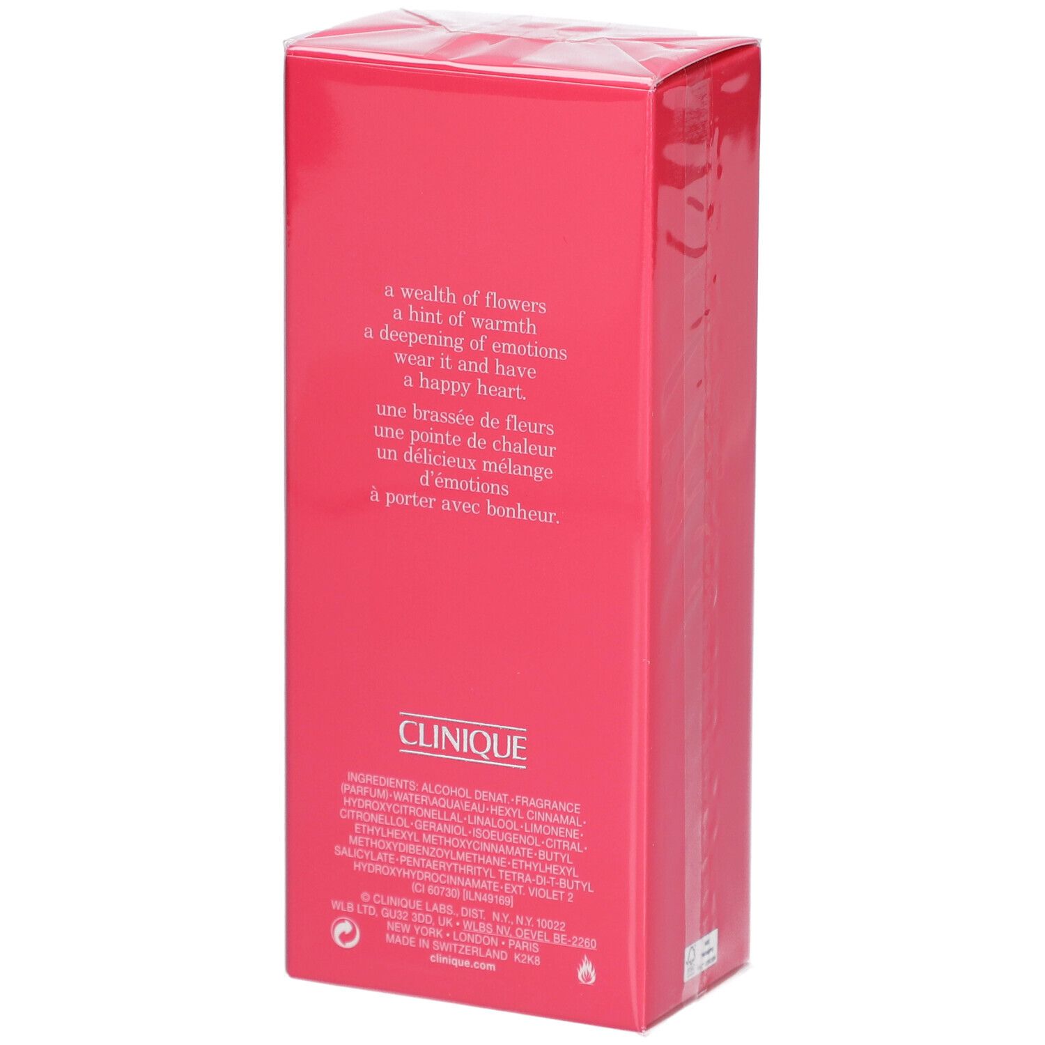 Rückseite der rosa Verpackung mit Inhaltsstoffen und Text. Clinique Happy Heart Parfum Spray.