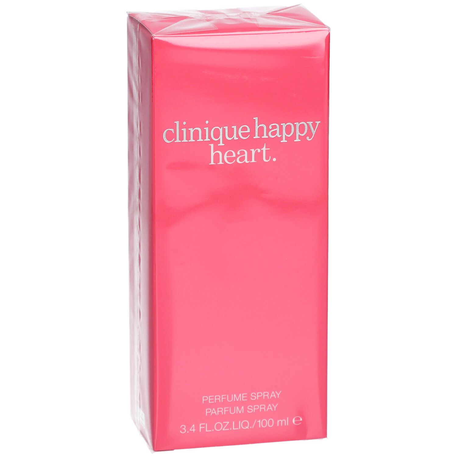 Rosa Verpackung mit Clinique Happy Heart Aufschrift. Parfum Spray, 3.4 FL.OZ.LIQ./100 ml.