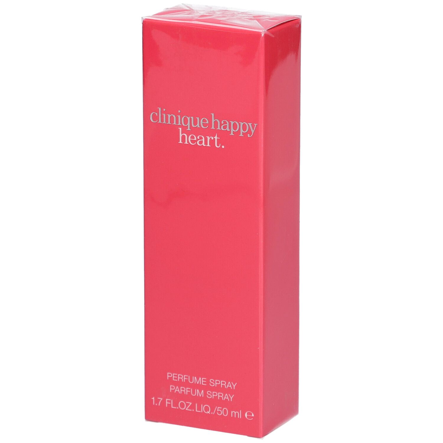 Rosa Verpackung mit "Clinique Happy Heart" und "Perfume Spray". 1.7 FL.OZ.LIQ./50 ml.