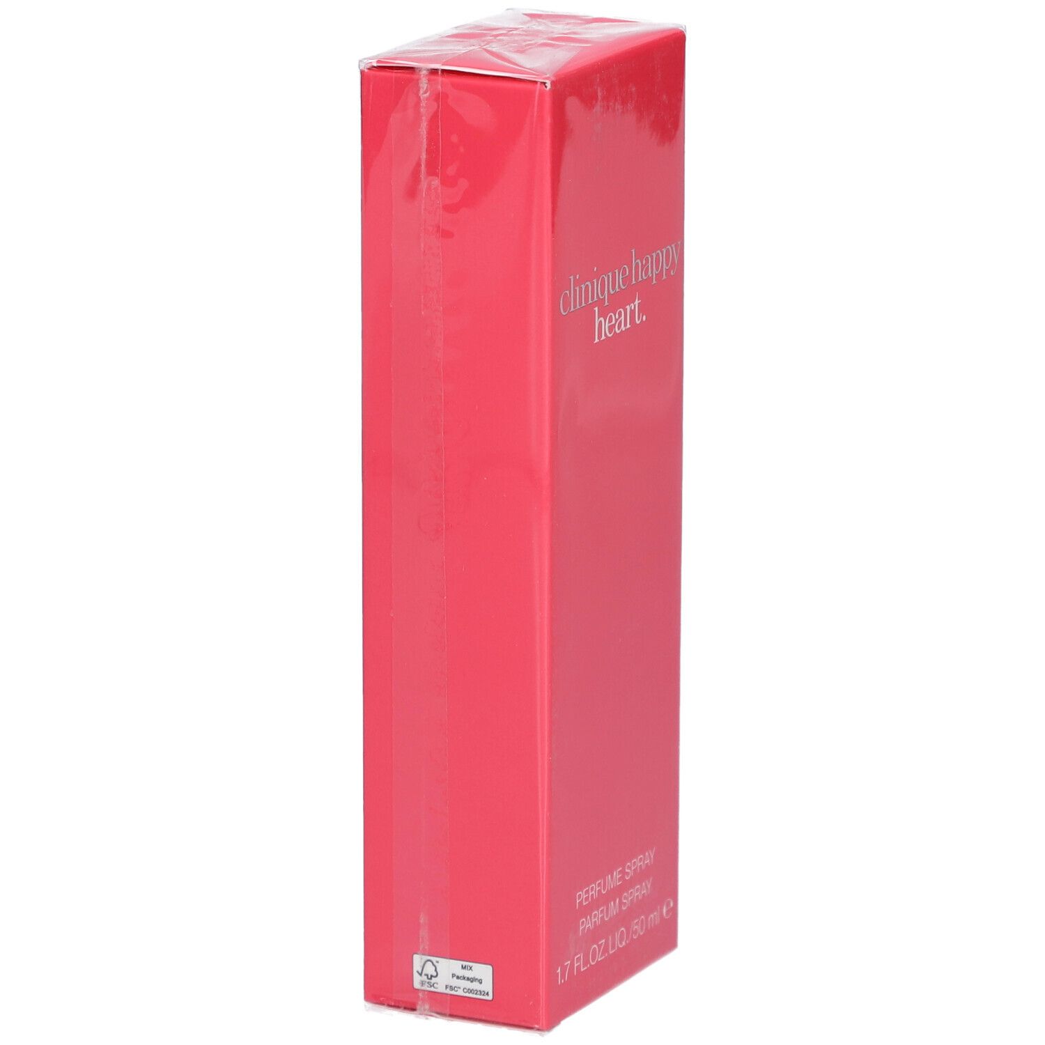Rosa Verpackung "Clinique Happy Heart". Seite mit Text und Inhaltsstoffen. 1.7 FL.OZ.LIQ./50 ml.