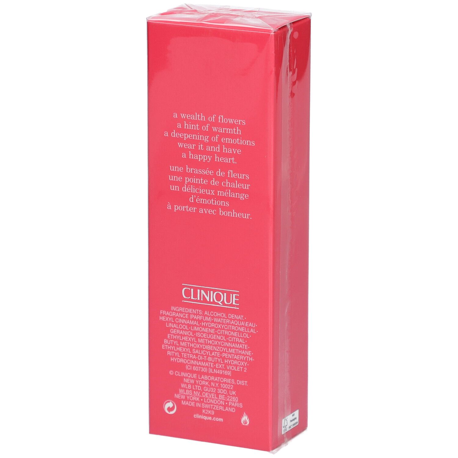 Rückseite der rosa Verpackung "Clinique Happy Heart". Text, Inhaltsstoffe und Logo. 1.7 FL.OZ.LIQ./50 ml.