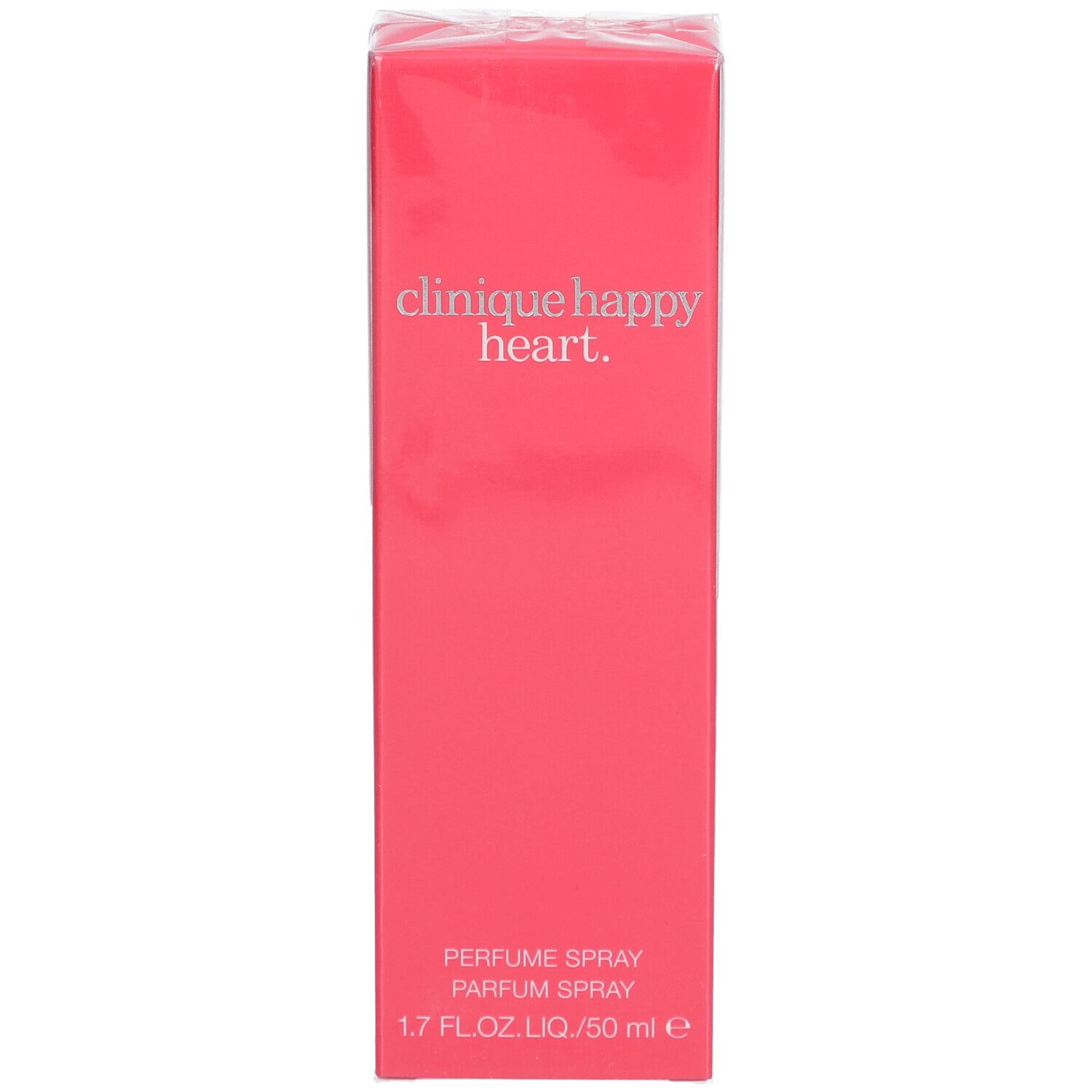 Rosa Verpackung "Clinique Happy Heart". "Perfume Spray", 1.7 FL.OZ.LIQ./50 ml. Klarer Kunststoff.