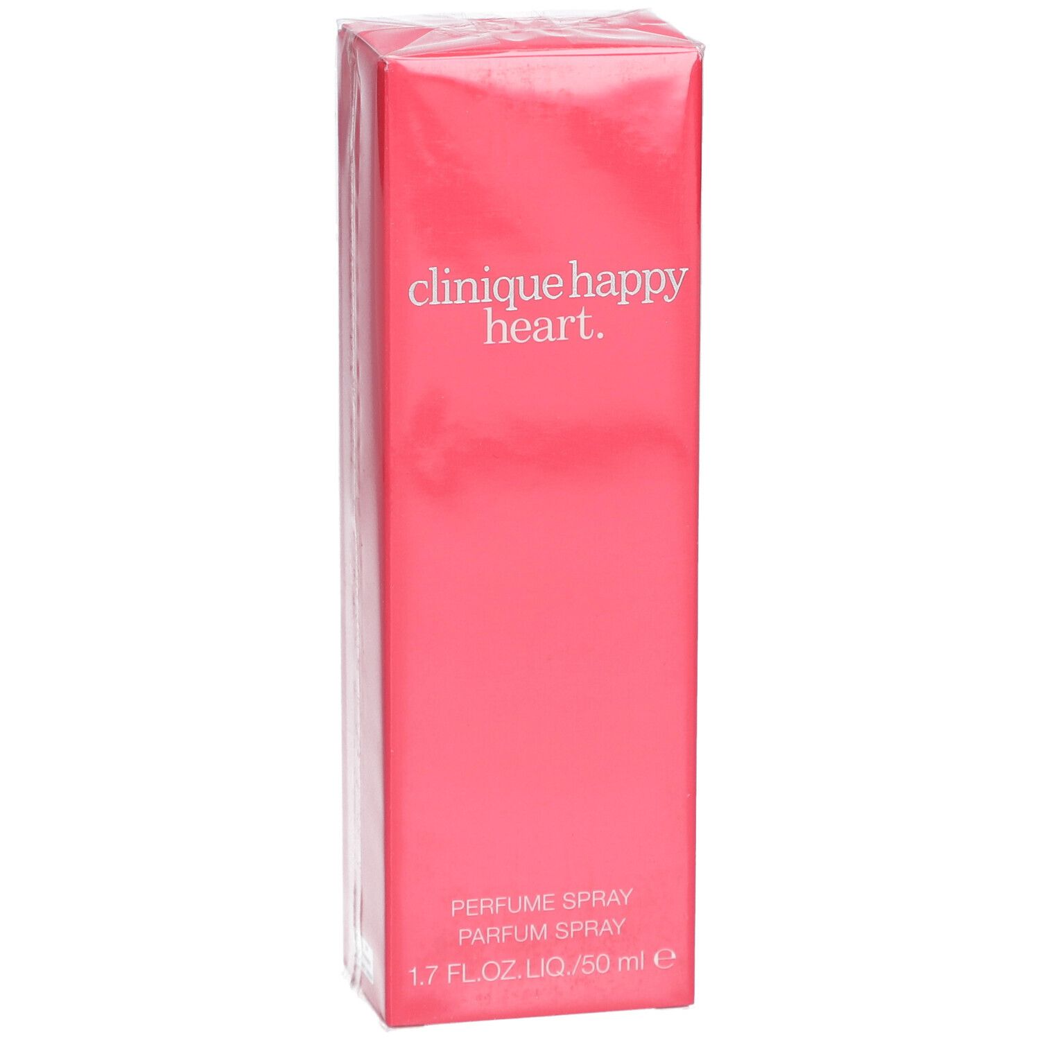 Rosa Verpackung "Clinique Happy Heart". "Perfume Spray", 1.7 FL.OZ.LIQ./50 ml. Klarer Kunststoff.
