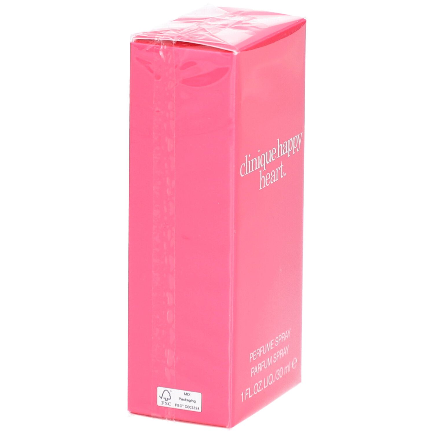 Rosa Verpackung von Clinique Happy Heart, in Folie verpackt. Aufschrift: Parfum Spray.