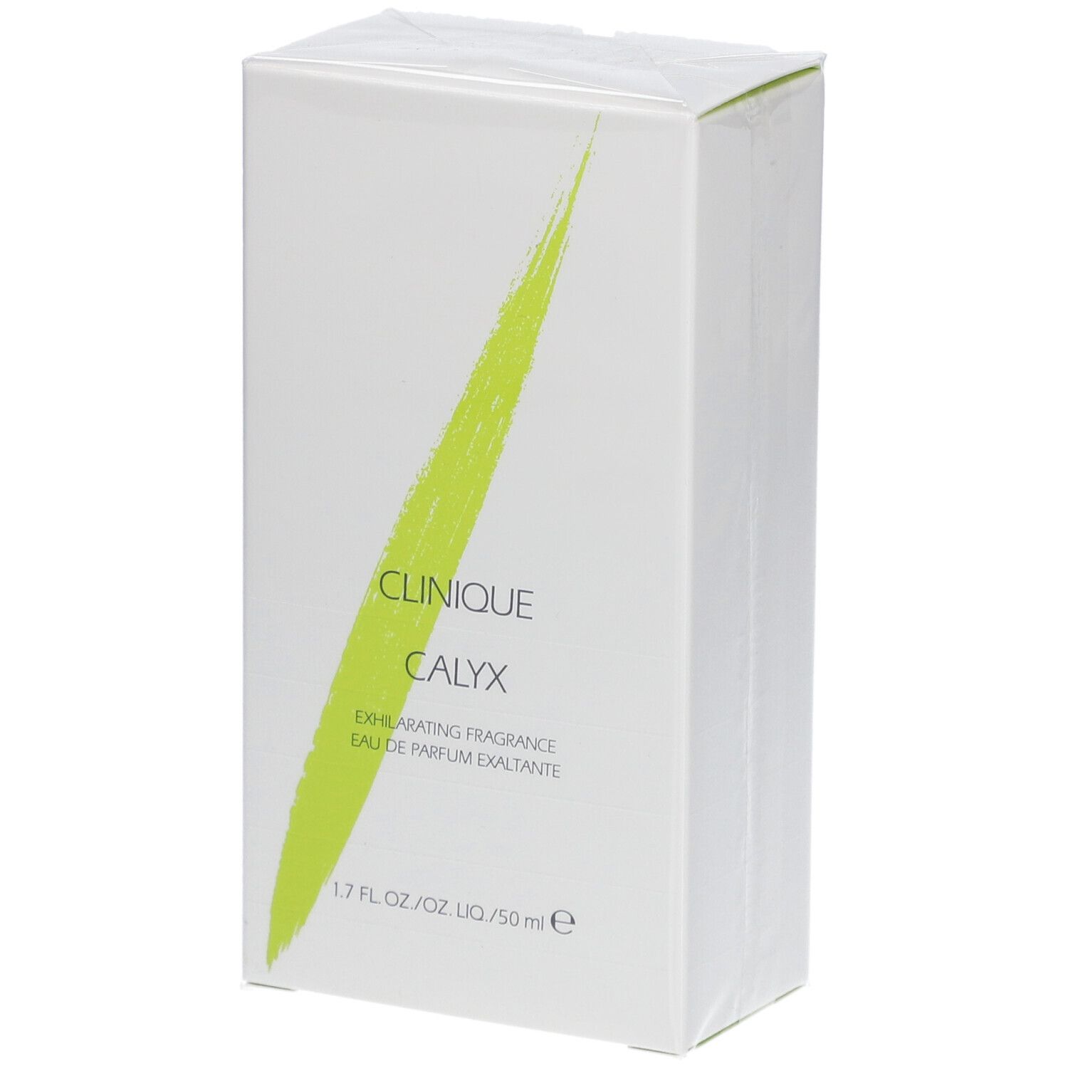Weiße Verpackung mit grünem Strich. Aufschrift: Clinique Calyx Eau de Parfum Spray. 1.7 fl. oz./oz. liq./50 ml e.