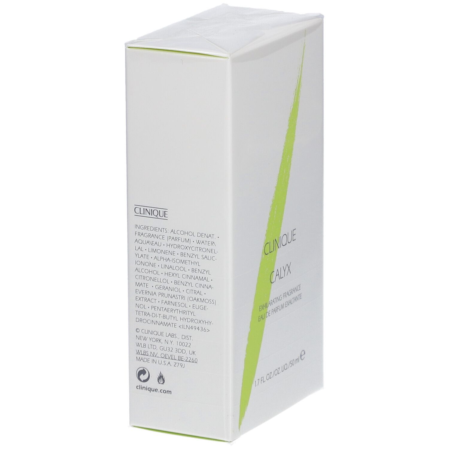 Weiße Verpackung mit grünem Strich. Aufschrift: Clinique Calyx Eau de Parfum Spray. Zutatenliste. clinque.com.