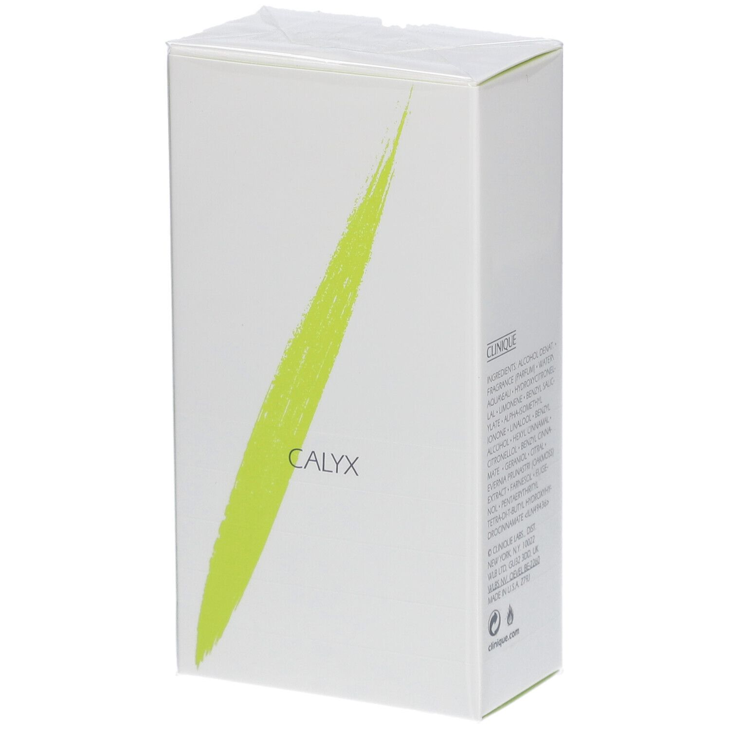 Weiße Verpackung mit grünem Strich. Aufschrift: Clinique Calyx. Zutatenliste. clinque.com.