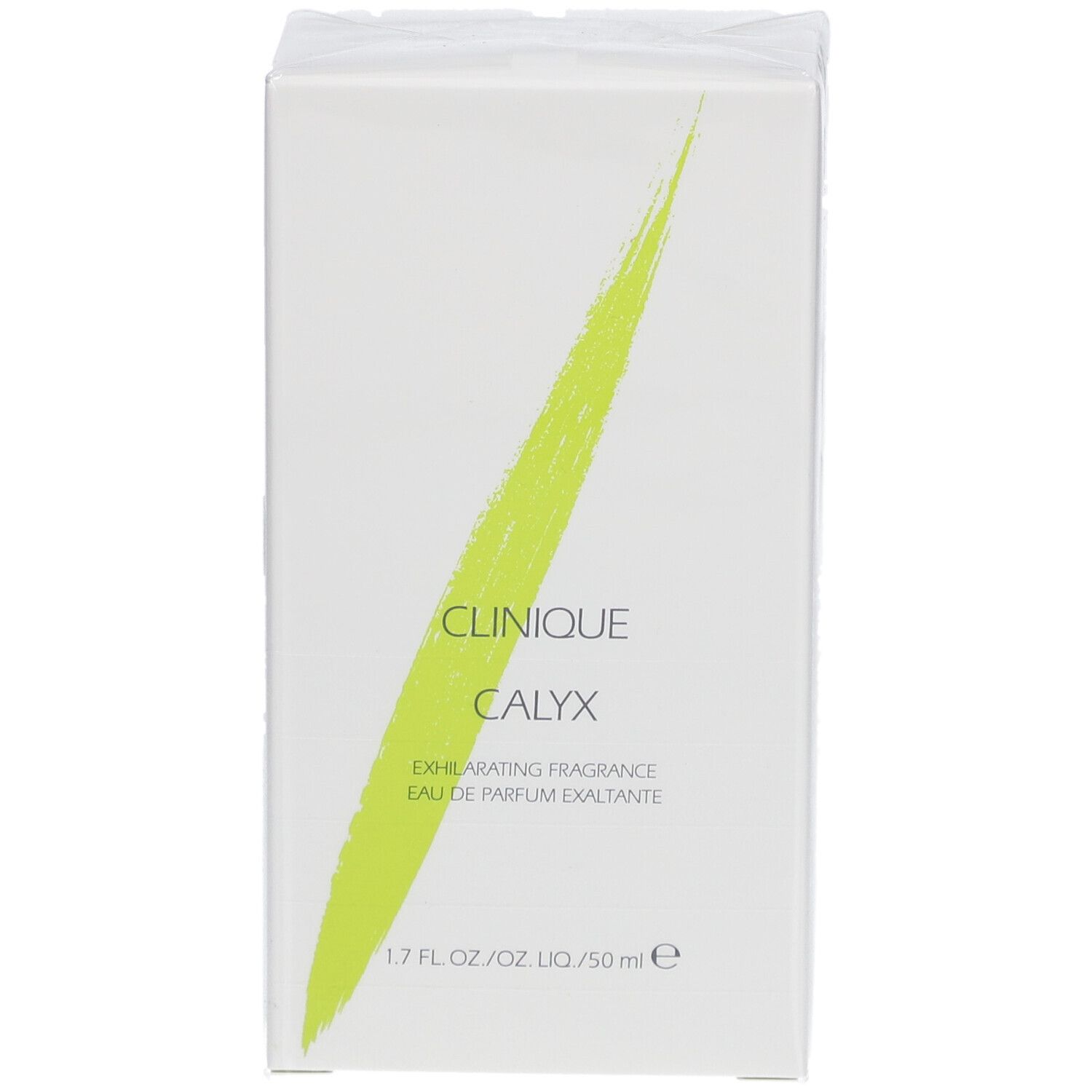 Weiße Verpackung mit grünem Strich. Aufschrift: Clinique Calyx Eau de Parfum Spray. 1.7 fl. oz./oz. liq./50 ml e.