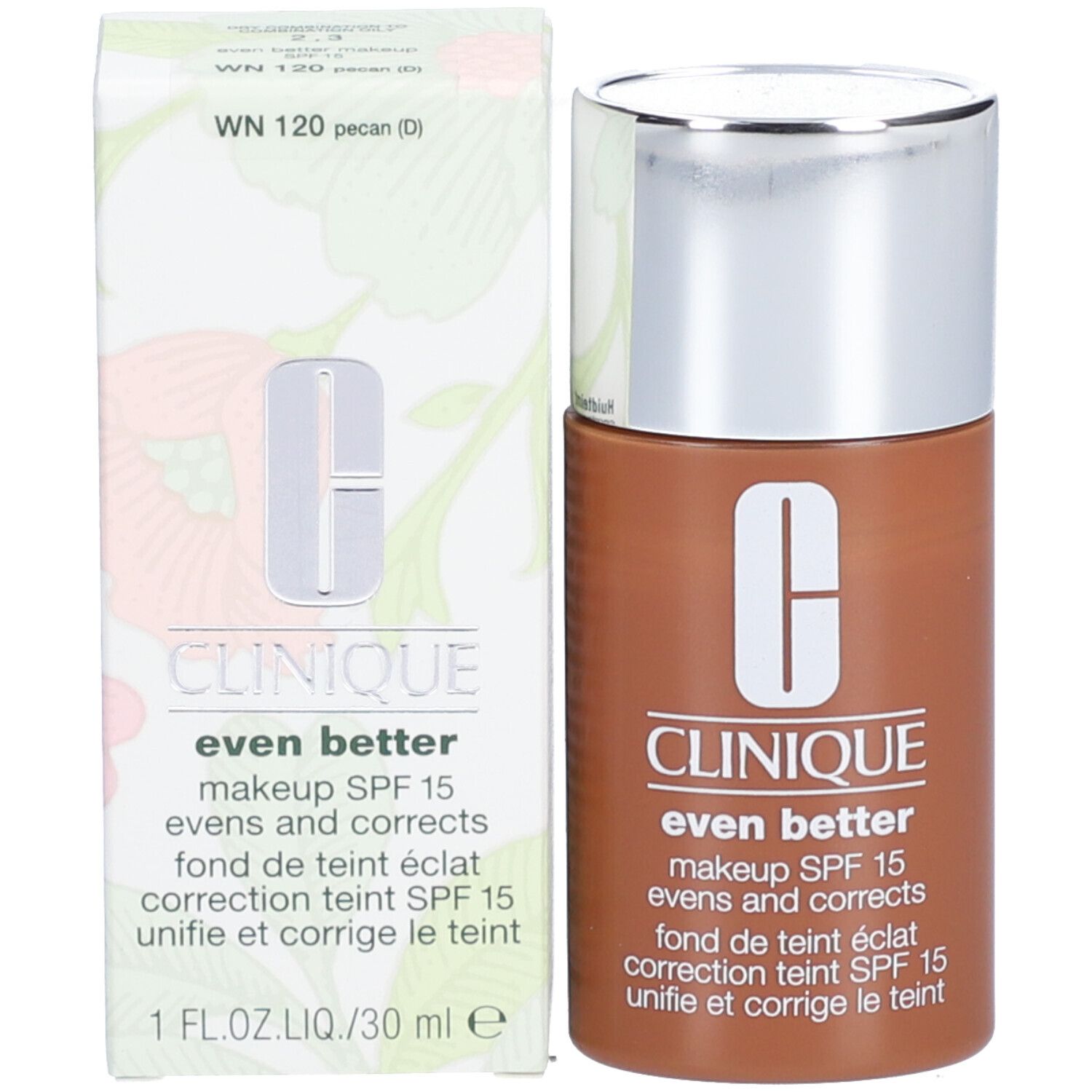Make-up-Flasche und Schachtel. Aufschrift: Clinique Even Better Make-up SPF 15. Schachtel: WN 120 pecan (D).
