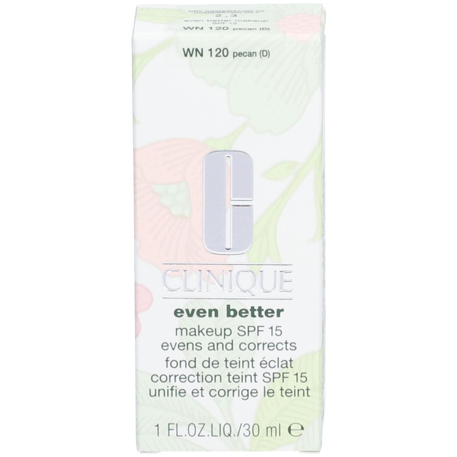 Schachtel mit Aufschrift: Clinique Even Better Make-up SPF 15. Farbe: WN 120 pecan (D).