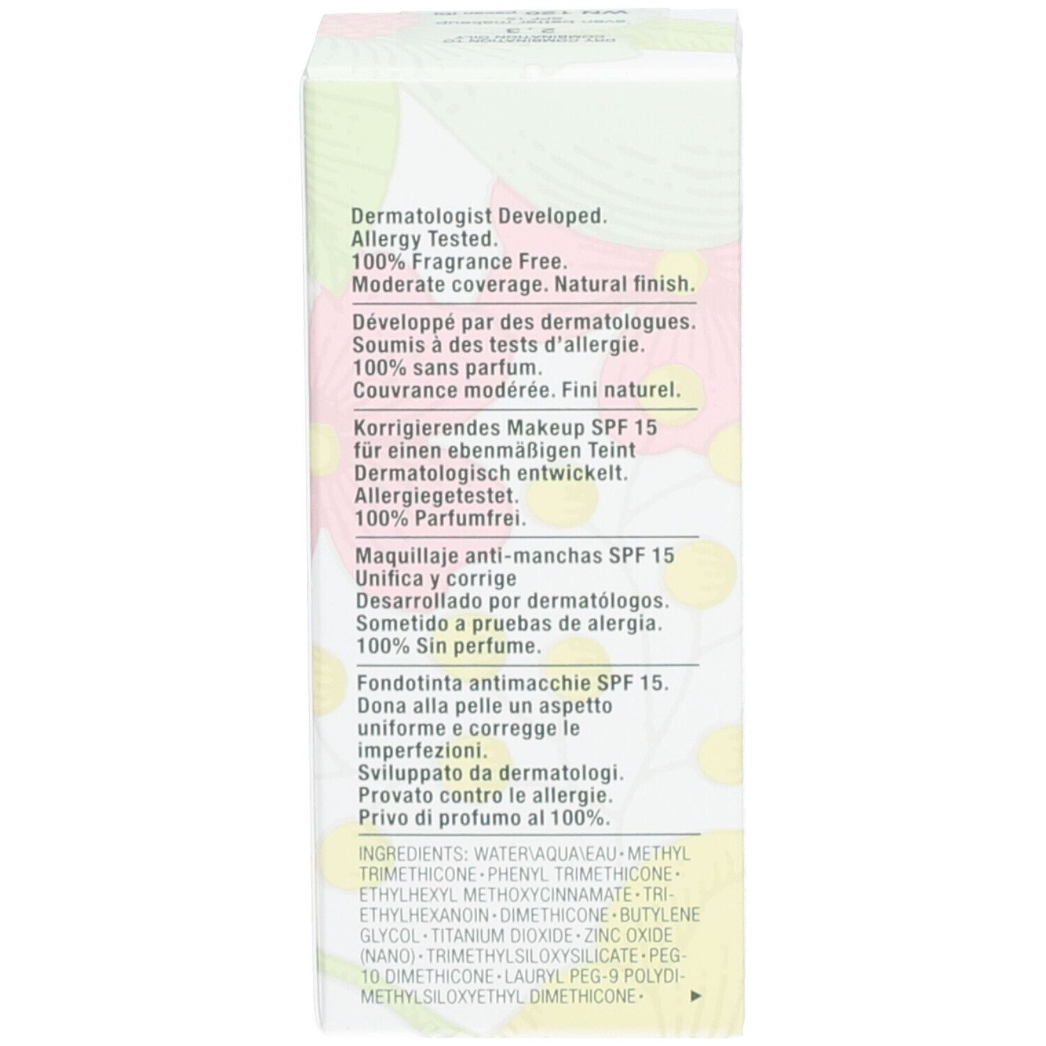 Schachtel mit Text: Dermatologisch entwickelt. 100% parfümfrei. Inhaltsstoffe.