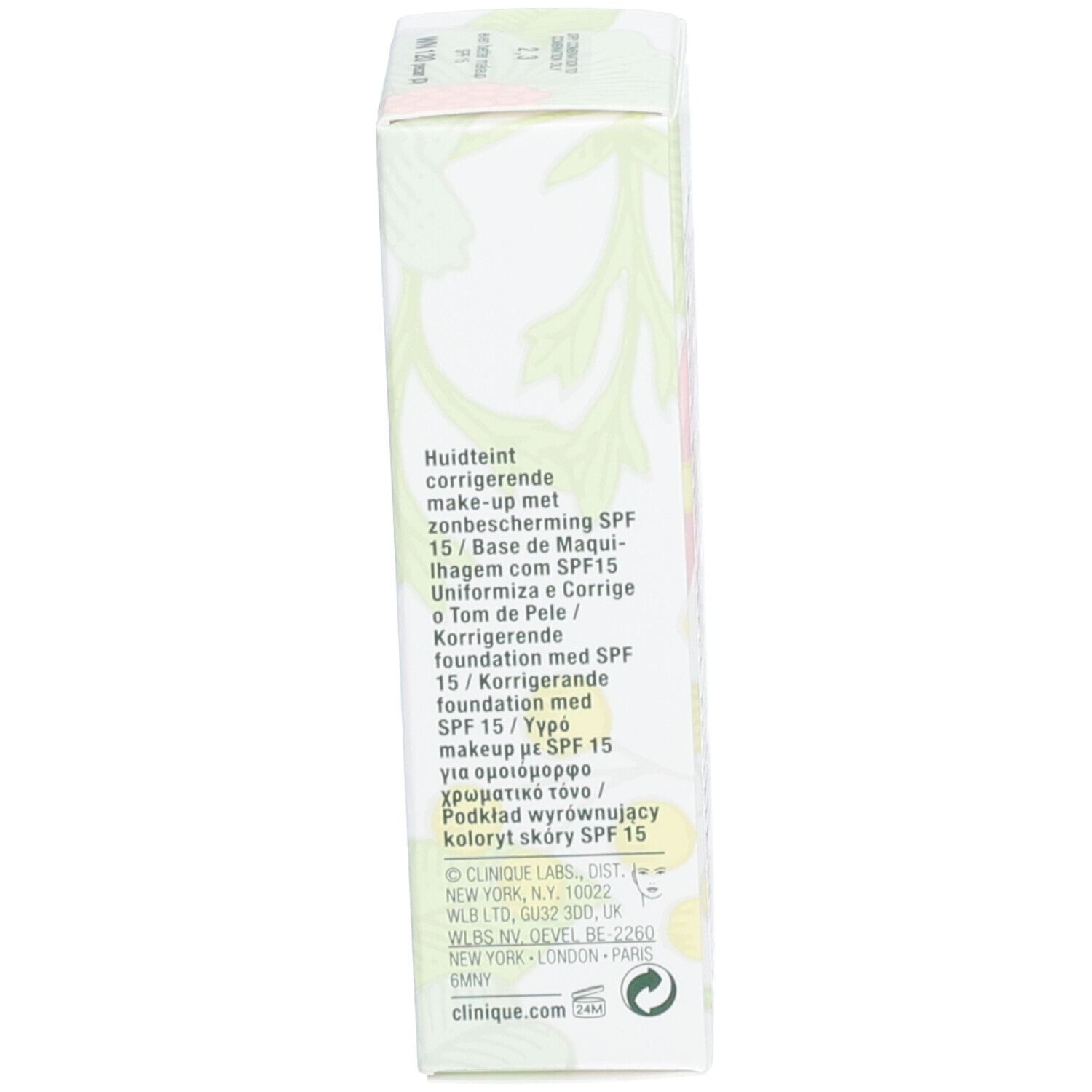 Schachtel mit Text: Huidteint corrigerende make-up met zonbescherming SPF 15. Clinique.