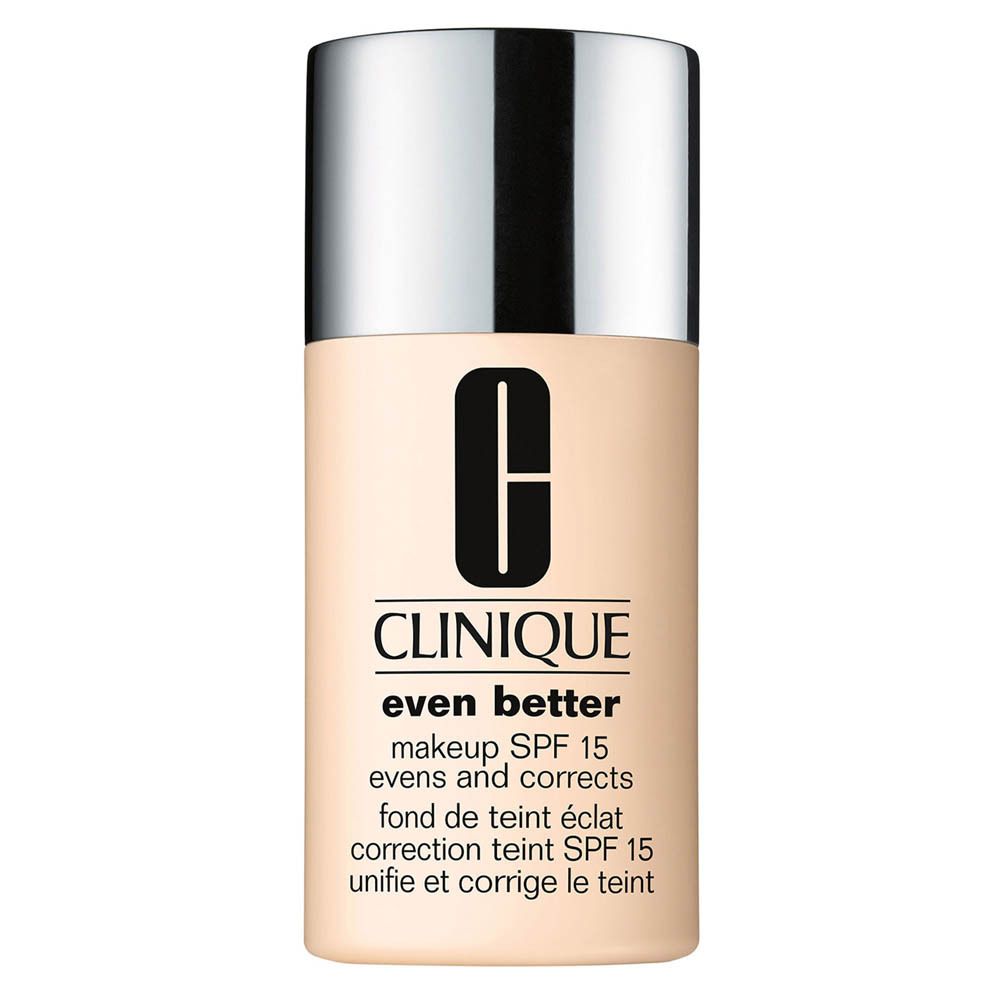 Eine Flasche Clinique Even Better Makeup SPF 15 mit silbernem Deckel und beige-farbenem Körper.