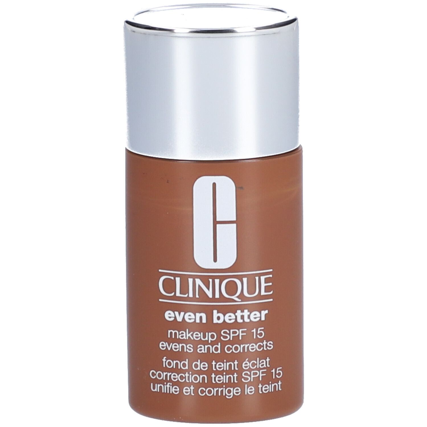 Clinique Even Better Make-up SPF 15 Flasche. Braun, silberner Deckel. Logo und Produktbezeichnung auf der Vorderseite.