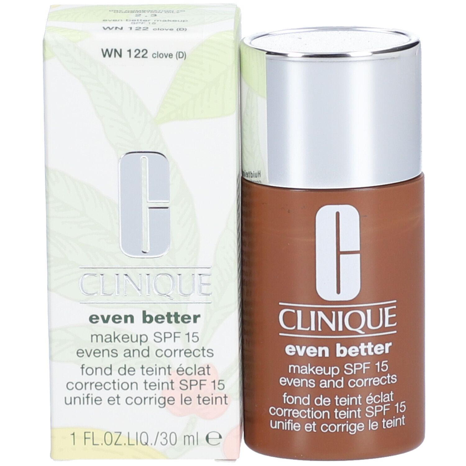 Clinique Even Better Make-up SPF 15 Flasche und Verpackung. Verpackung mit Logo und Produktbezeichnung.