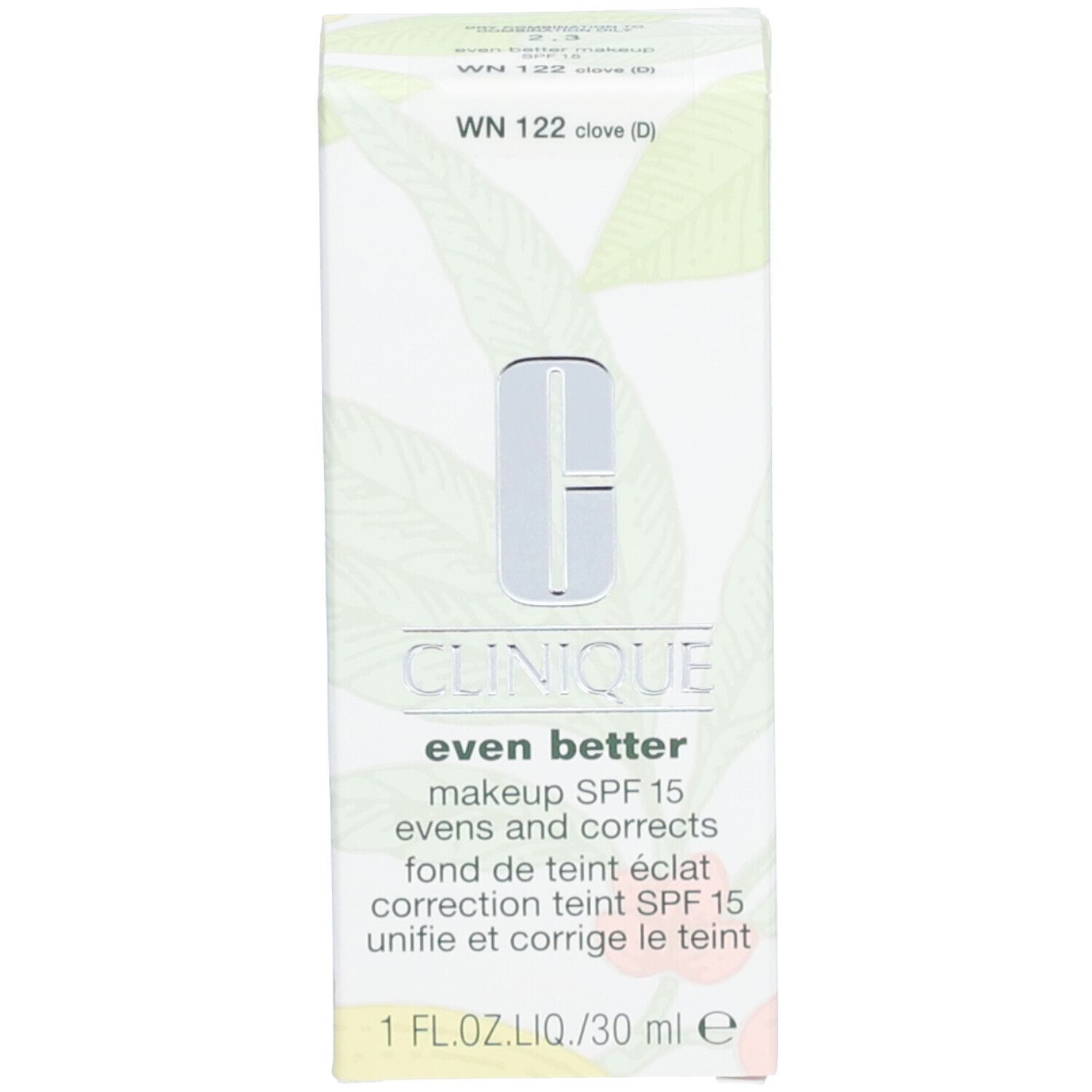 Verpackung von Clinique Even Better Make-up SPF 15. Logo, Produktbezeichnung und Produktinformationen.