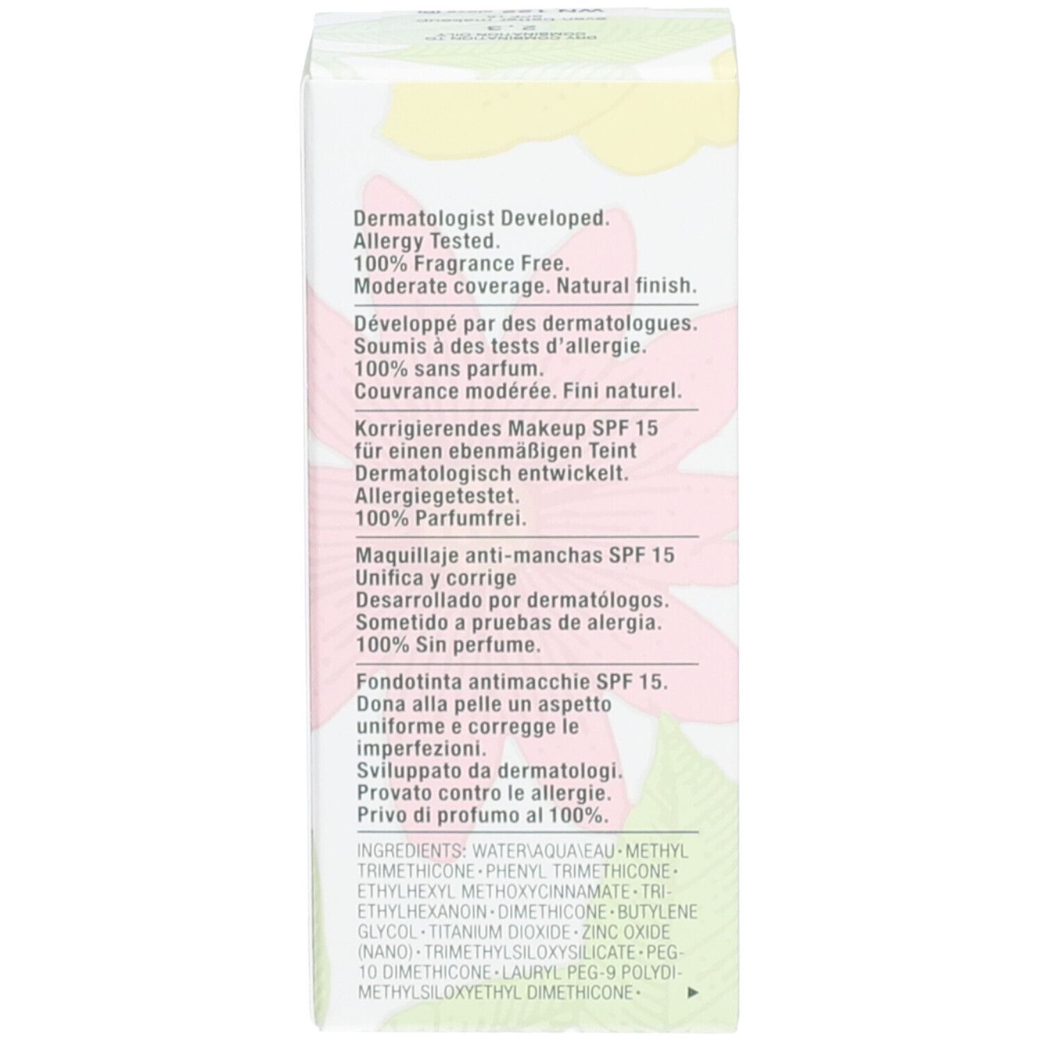 Seite der Verpackung von Clinique Even Better Make-up SPF 15. Produktinformationen und Zertifizierungen.