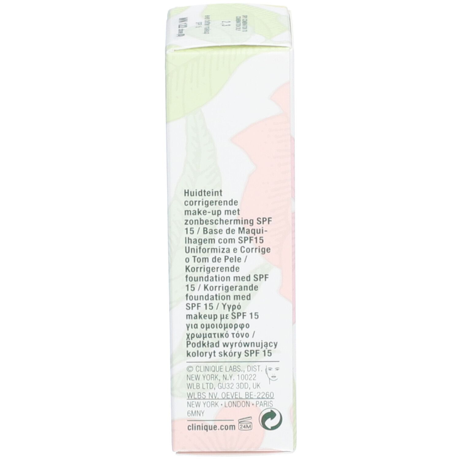 Seite der Verpackung von Clinique Even Better Make-up SPF 15. Produktinformationen und Herstellerangaben.