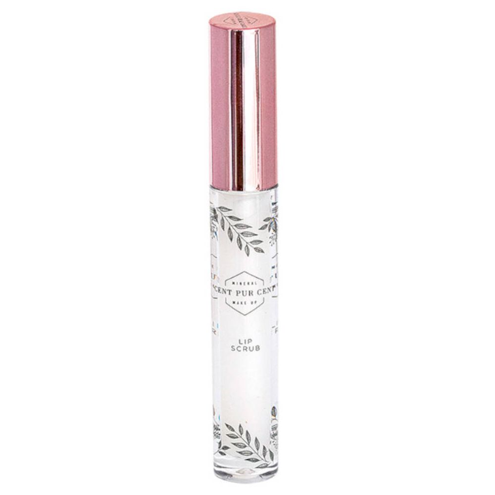 Tube de gommage pour les lèvres avec bouchon rose. Contenu clair, imprimé floral. Inscription : Cent Pur Cent, Lip Scrub.