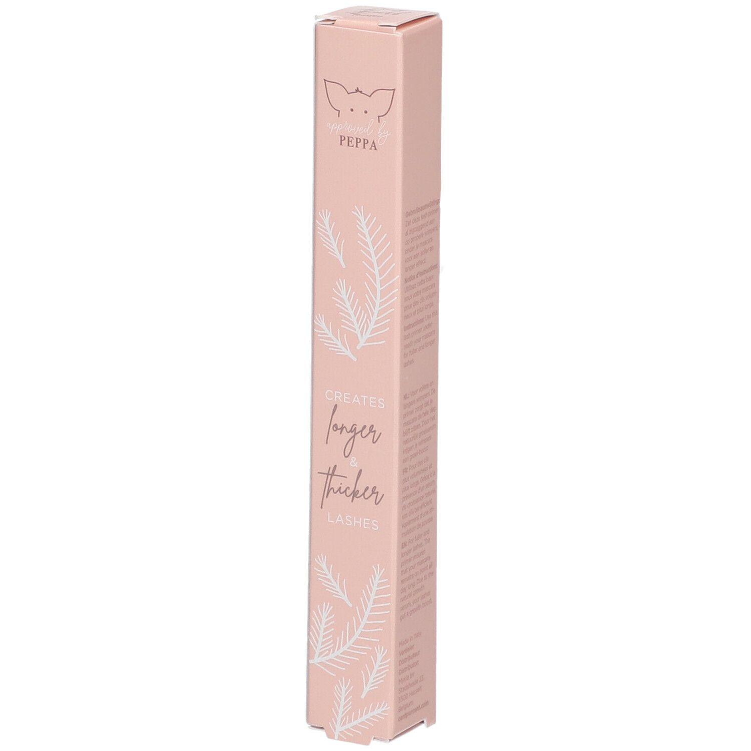 Emballage rose avec texte: Creates longer thicker lashes. Marque Peppa. Décor floral.