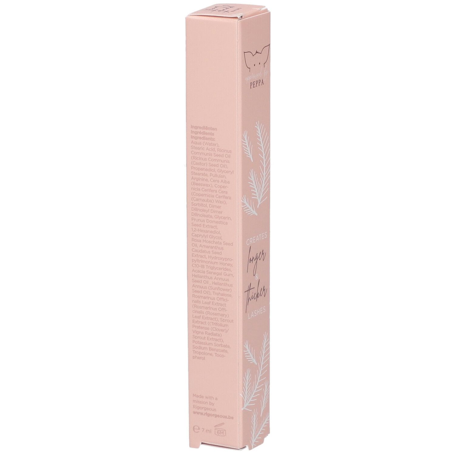 Emballage rose avec texte et ingrédients. Marque Peppa. Décor floral.