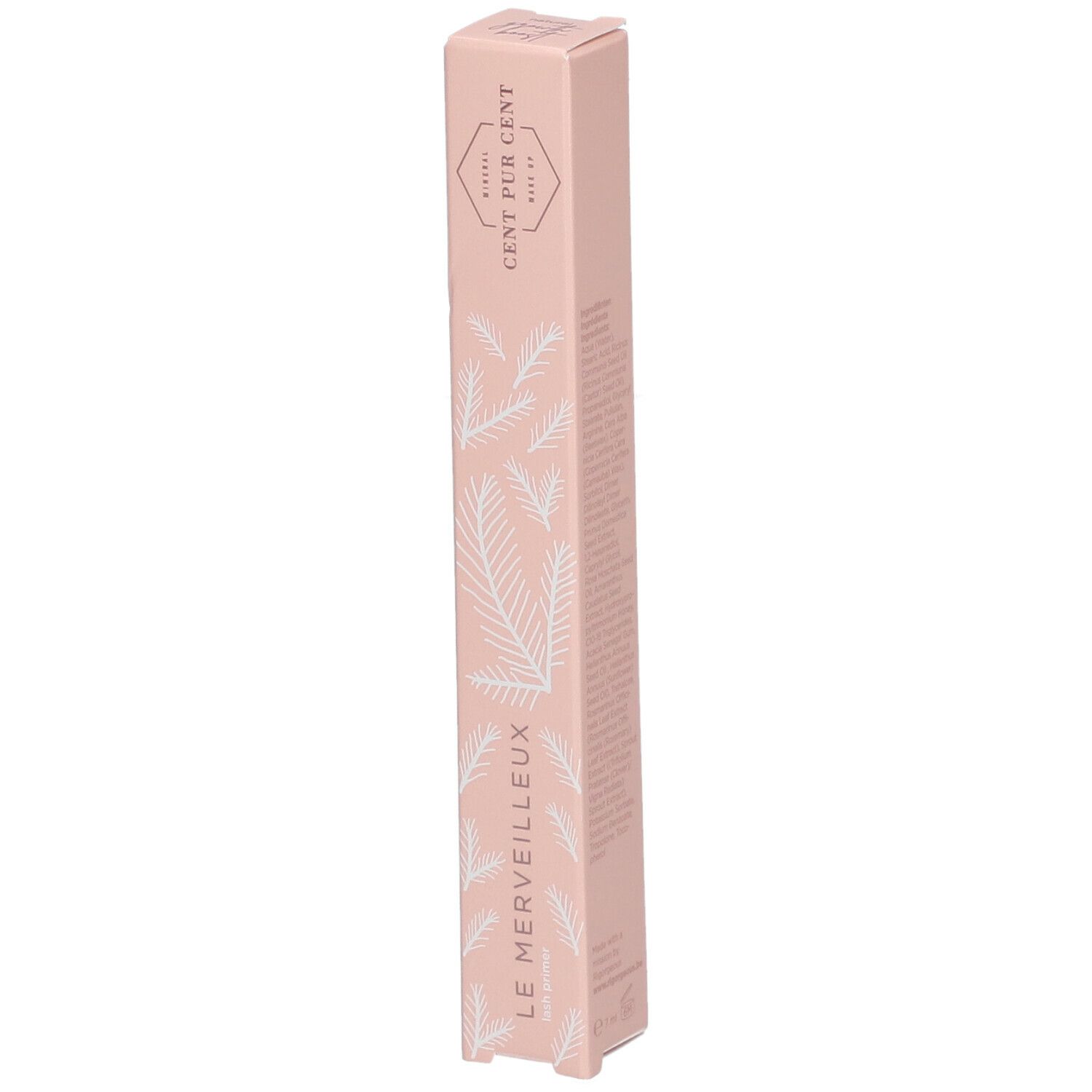 Emballage rose avec texte: Le Merveilleux. Marque Cent Pur Cent. Décor floral.