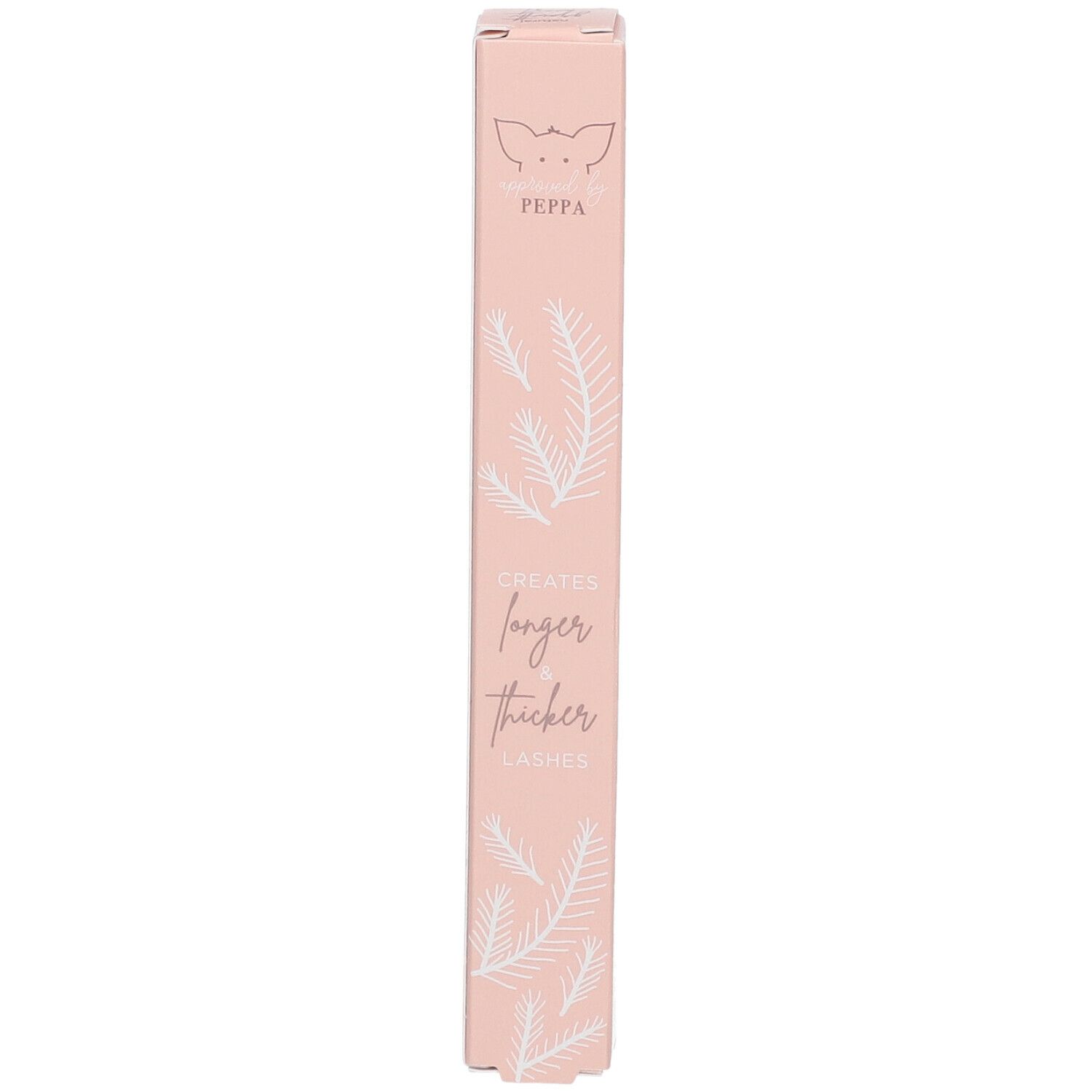 Emballage rose avec texte: Creates longer thicker lashes. Marque Peppa. Décor floral.
