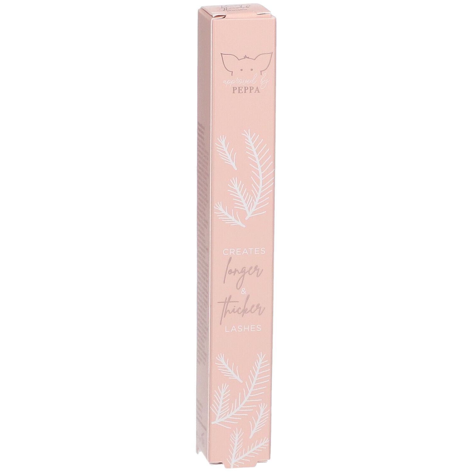 Emballage rose avec texte: Creates longer thicker lashes. Marque Peppa. Décor floral.
