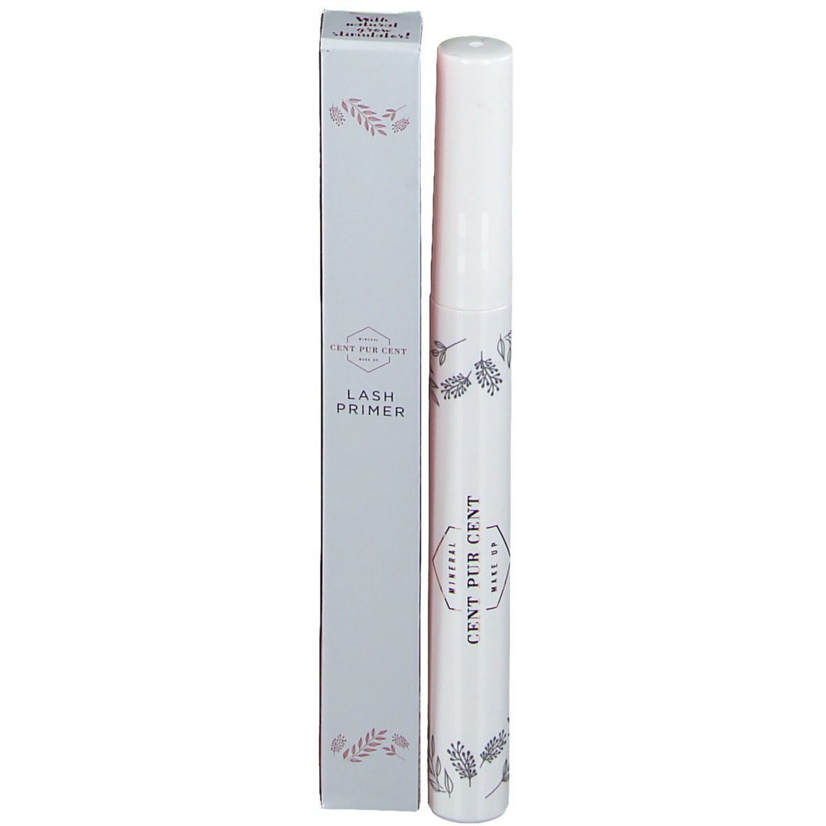 Contenant et emballage blancs. Texte: Lash Primer. Marque Cent Pur Cent. Décor floral.