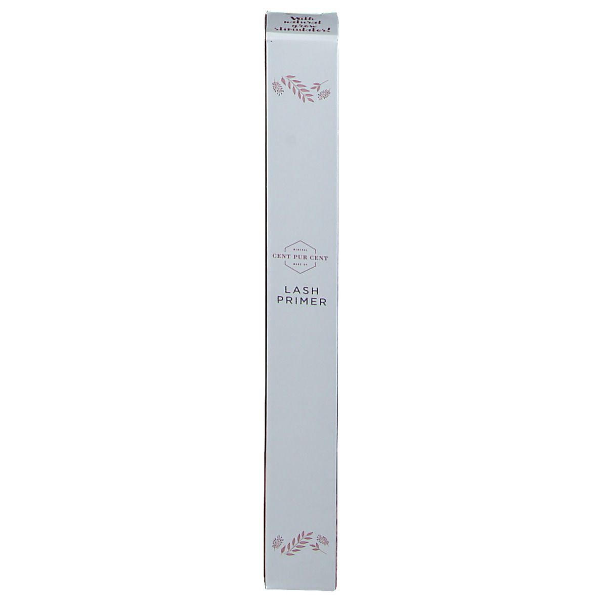 Emballage blanc avec texte: Lash Primer. Marque Cent Pur Cent. Décor floral.