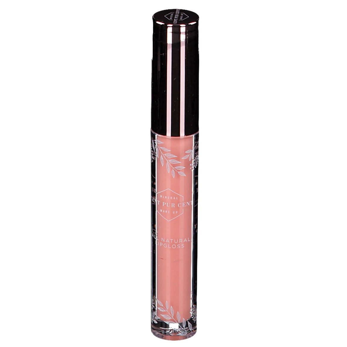 Tube de gloss rose. Bouchon argenté et lettrage. Récipient transparent avec décorations florales.