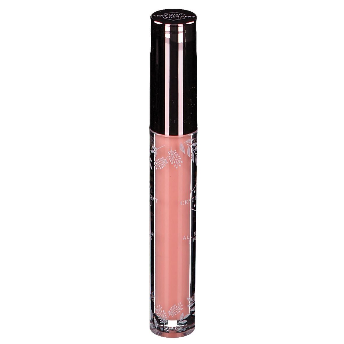 Tube de gloss rose. Bouchon argenté et lettrage. Récipient transparent avec décorations florales.