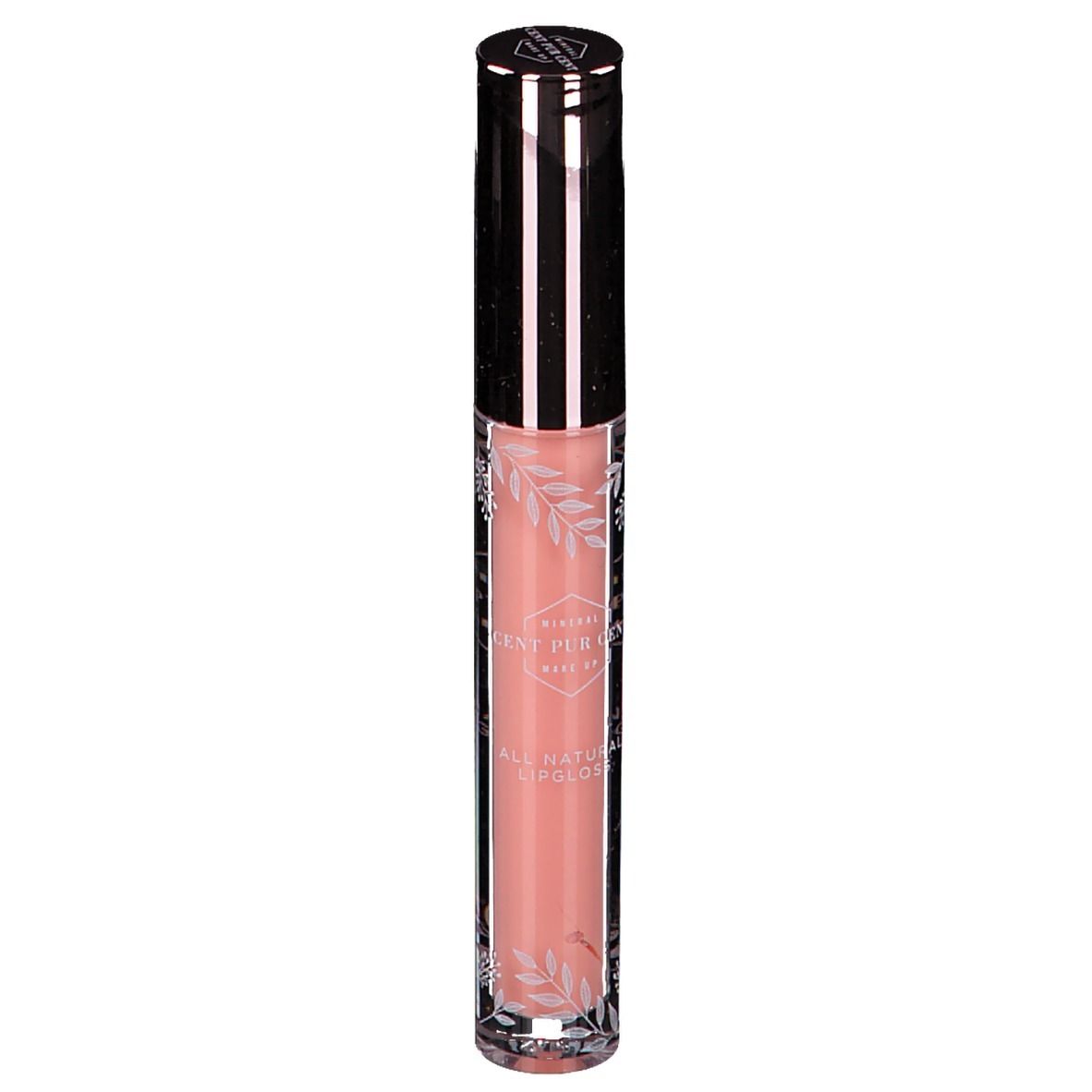 Tube de gloss rose. Bouchon argenté et lettrage. Récipient transparent avec décorations florales.