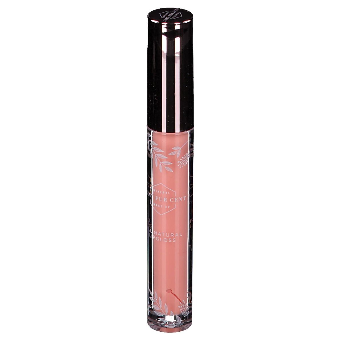 Tube de gloss rose. Bouchon argenté et lettrage. Récipient transparent avec décorations florales.