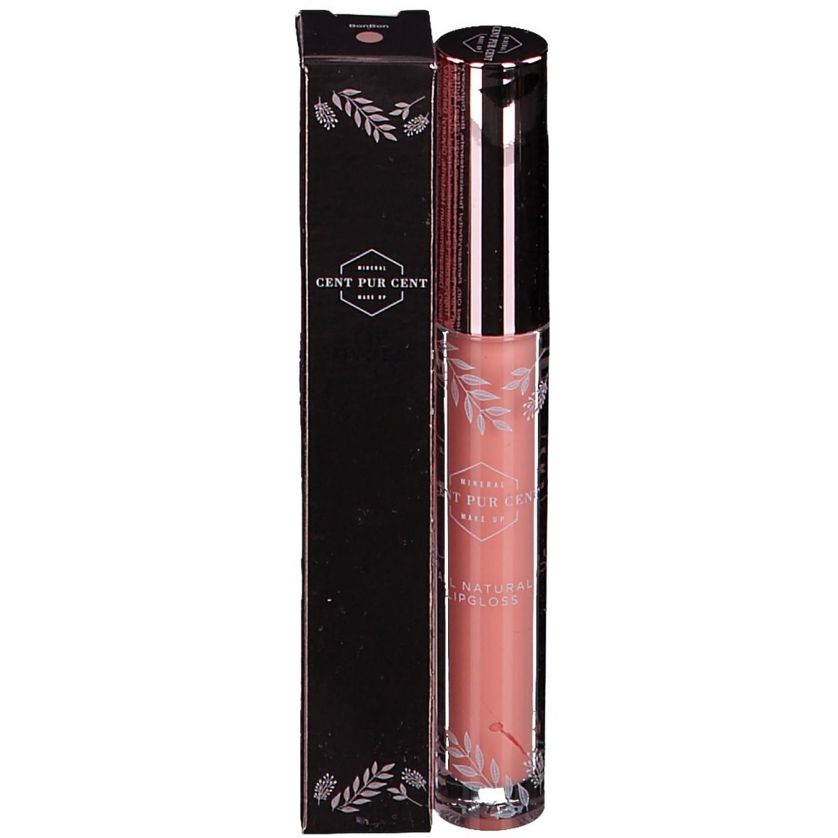 Tube de gloss rose et emballage noir. Bouchon argenté et lettrage. Décorations florales.