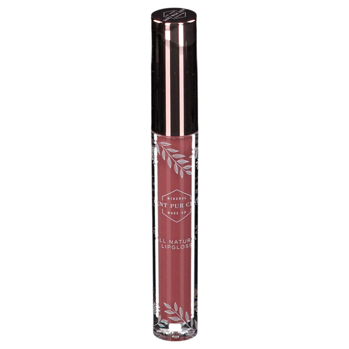 Tube de gloss rose. Inscription: Mineral Cent Pur Cent. Bouchon argenté.