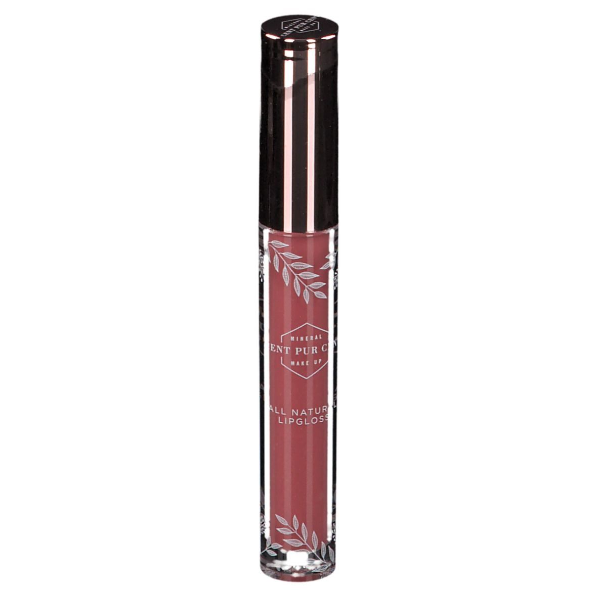 Tube de gloss rose. Inscription: Mineral Cent Pur Cent. Bouchon argenté.
