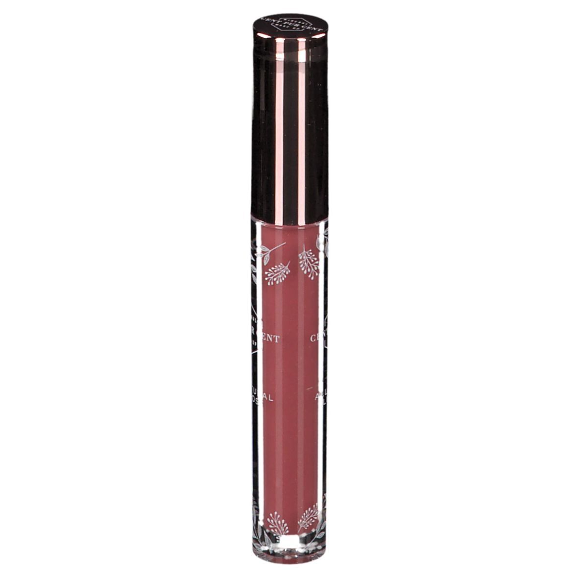 Tube de gloss rose. Inscription: Mineral Cent Pur Cent. Bouchon argenté.