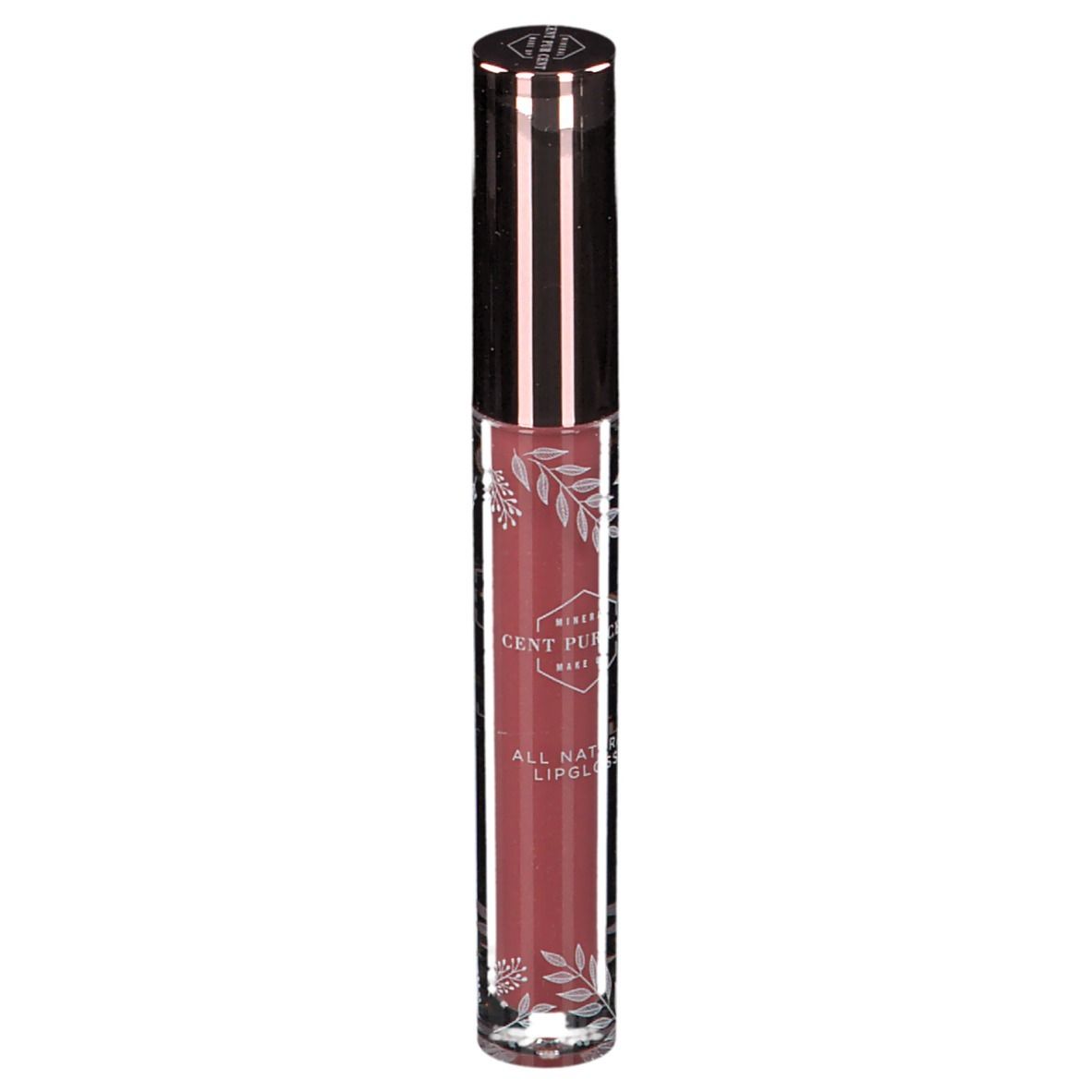Tube de gloss rose. Inscription: Mineral Cent Pur Cent. Bouchon argenté.