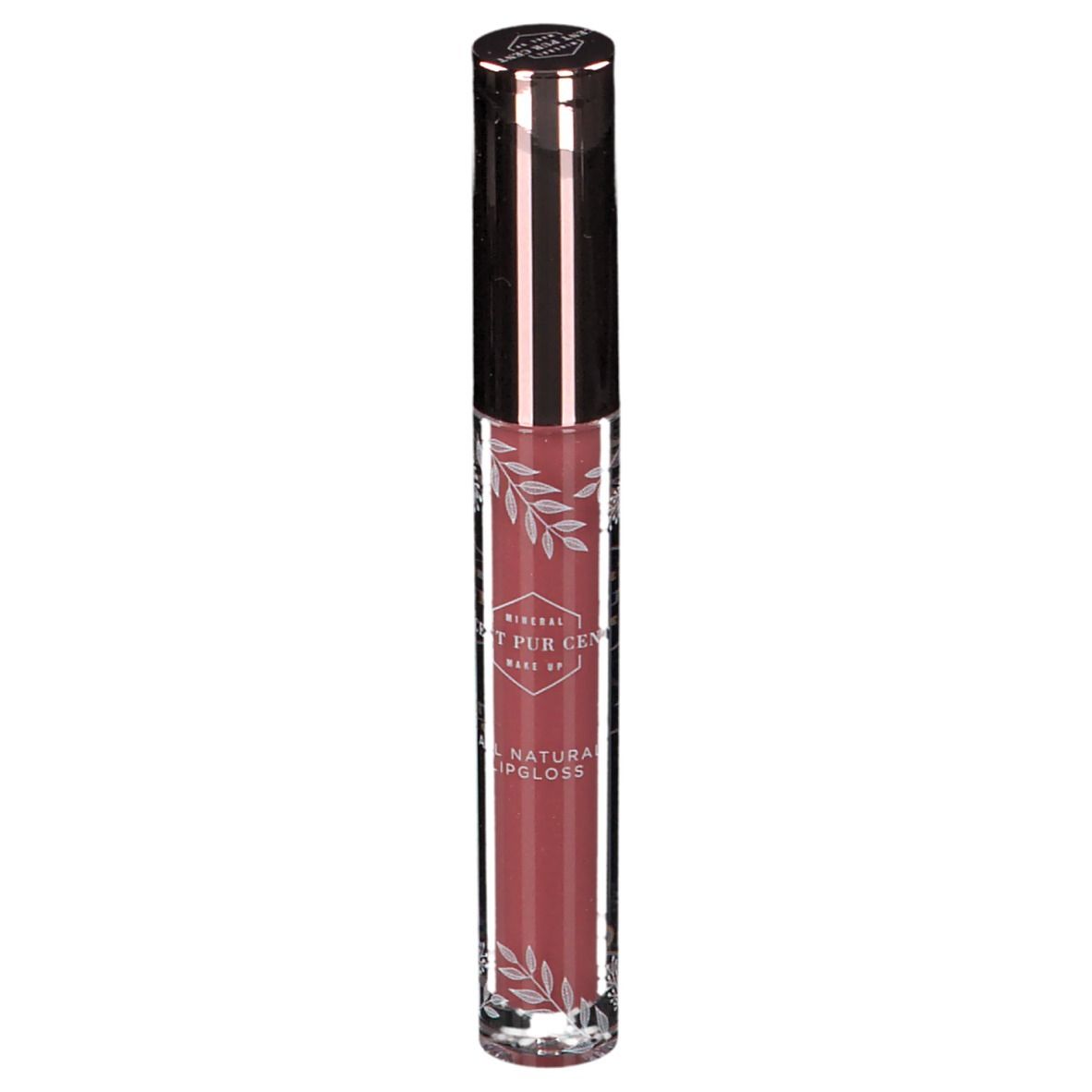 Tube de gloss rose. Inscription: Mineral Cent Pur Cent. Bouchon argenté.