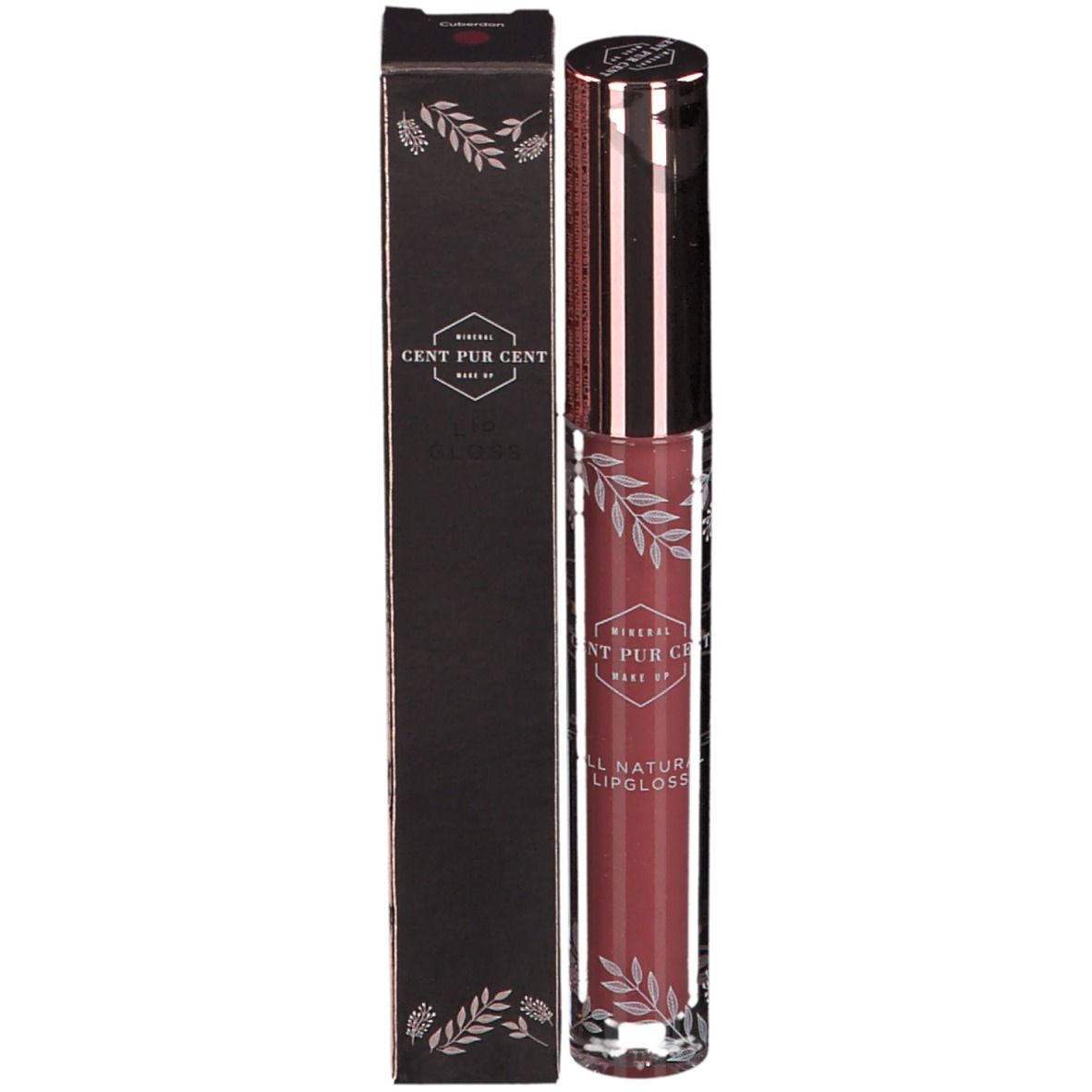 Tube de gloss et emballage. Inscription: Mineral Cent Pur Cent. Emballage noir avec détails argentés.