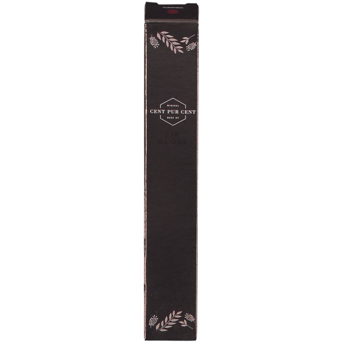 Emballage noir avec détails argentés. Inscription: Mineral Cent Pur Cent. Contient du gloss.